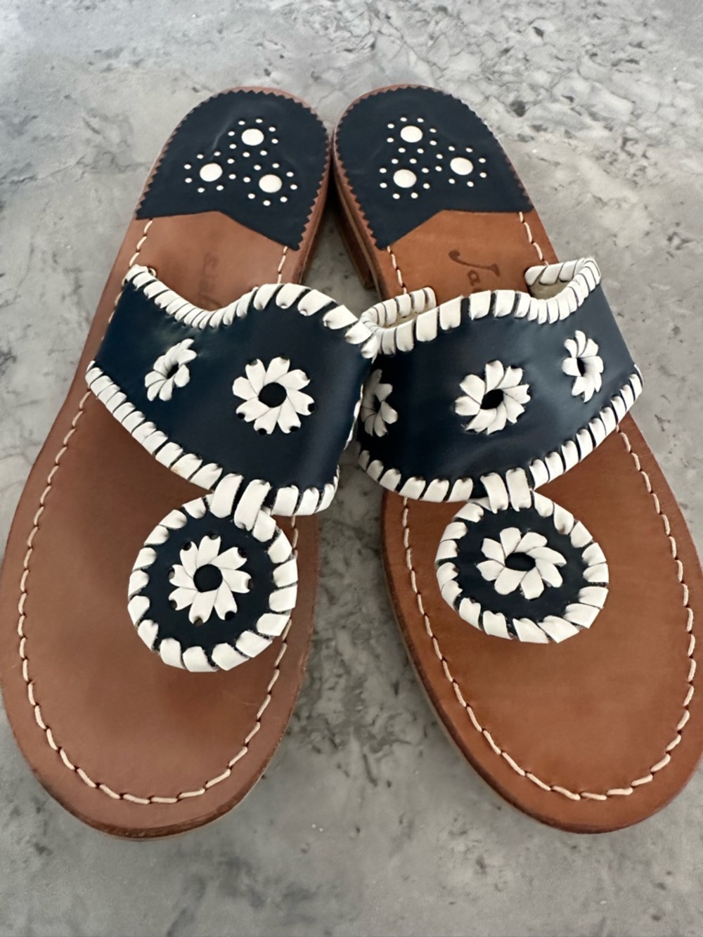Navy & White Leather Floral Toe-Ring Sandals